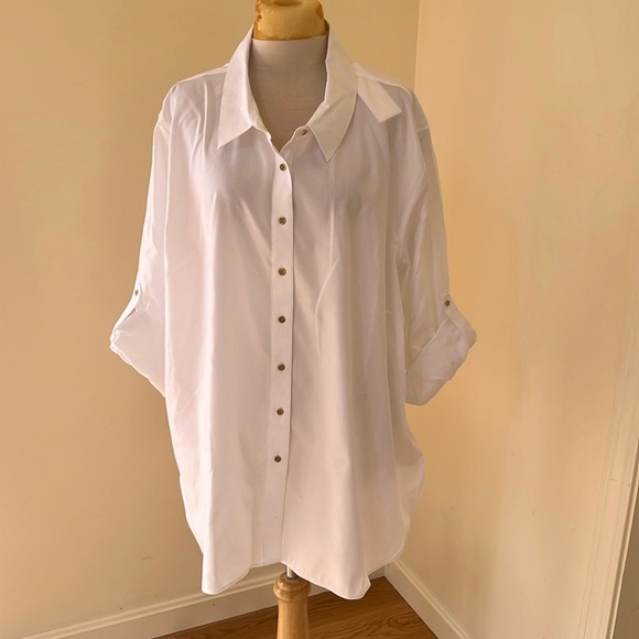 New! Calvin klein plus size 3X white roll tab long sleeve non iron cotton shirt. - Picture 4 of 12